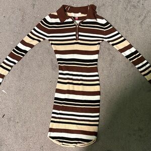 No Boundaries Long Sleeve Striped Polo Dress in Brown, Cream & Black